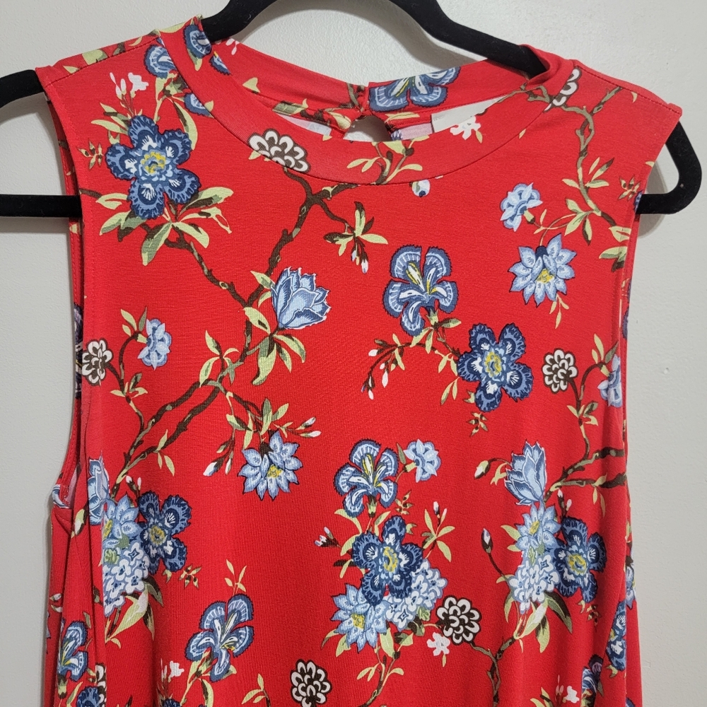 LOFT Vine Neck Mock Swing Dress Red Floral Medium Petite - Picture 8 of 8